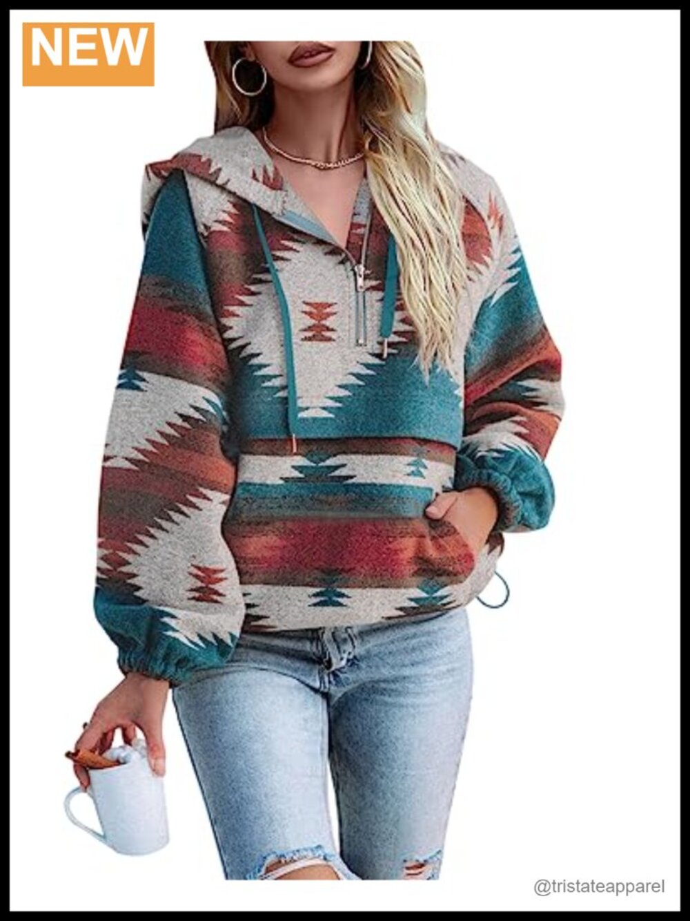 Womens Aztec Zip Up Hoodie Boho Western Pullover Top